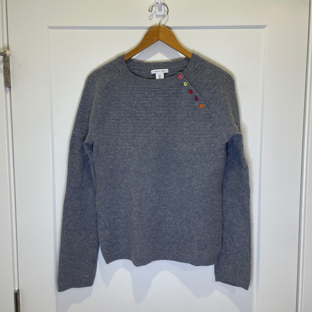 Tabitha‎ Webb Gray Crewneck Sweater L Lambswool Blend Rainbow Shoulder Buttons